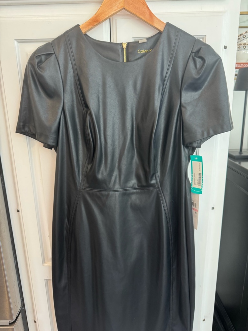 Calvin Klein Black Faux Leather Mini Dress with Puff Sleeves